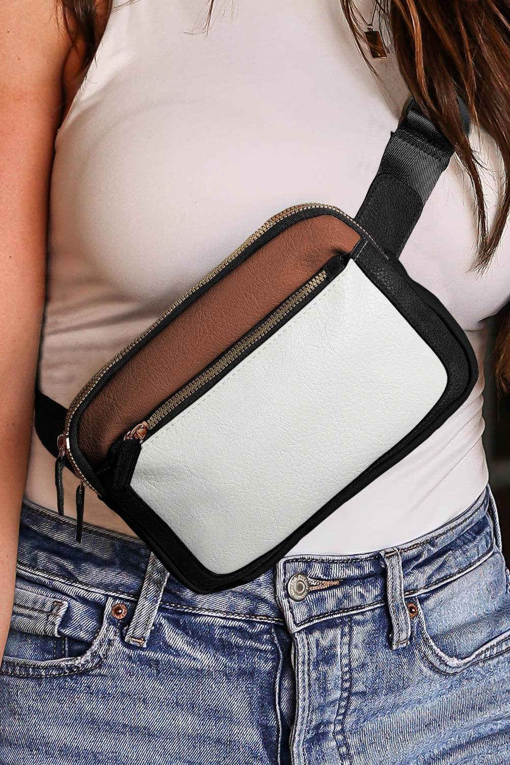 White Leather Colorblock Zipped Removable Clip Crossbody Bag