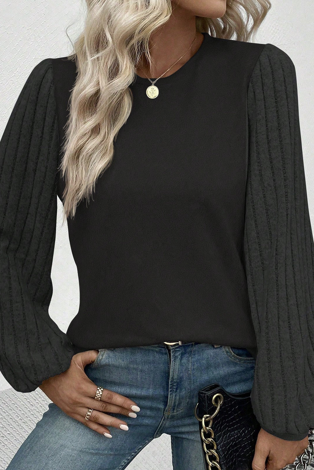 Light Grey Buttoned V Neck Ribbed Puff Sleeve Top
