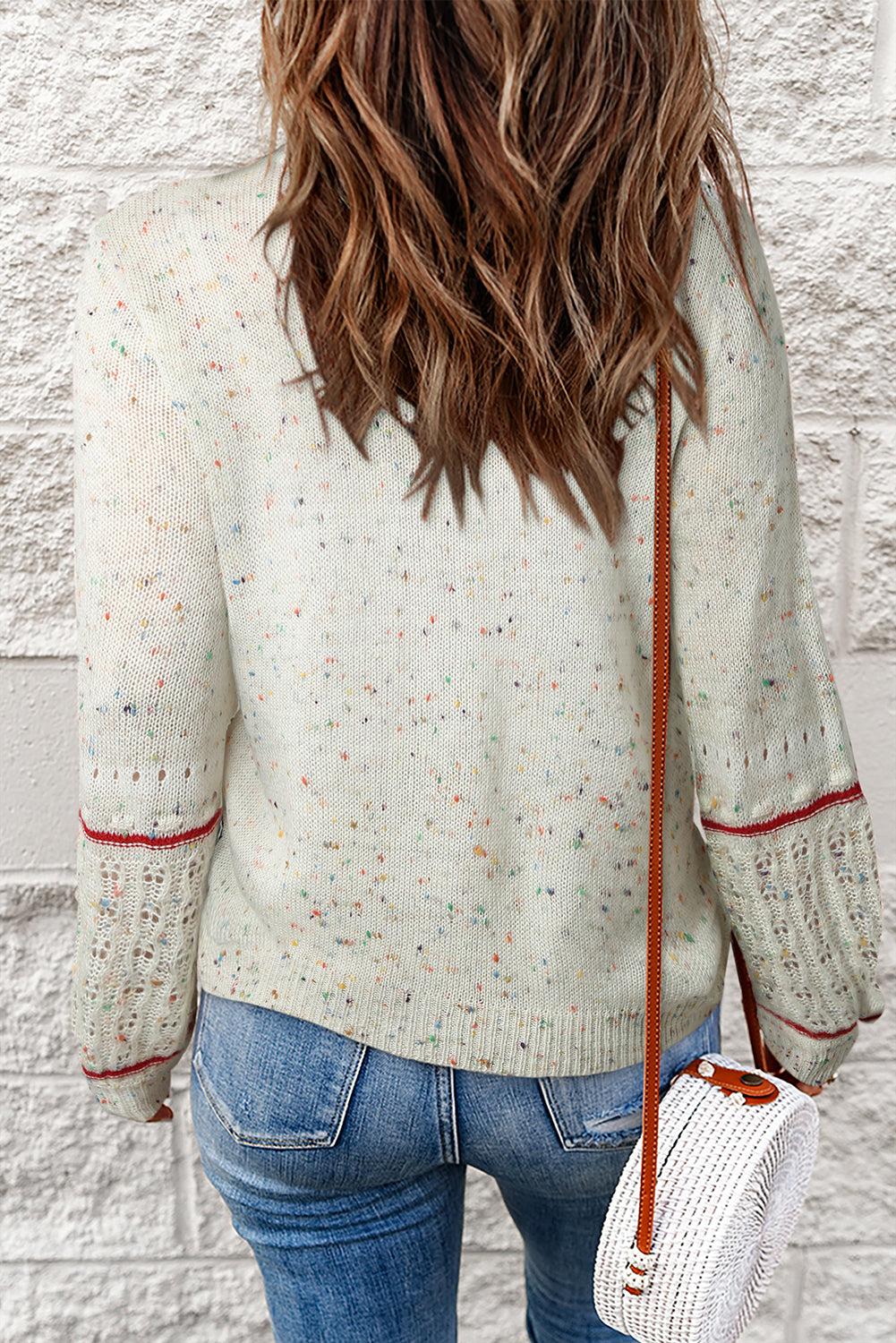 Beige Colorful Dots Cable Knit Crew Neck Sweater