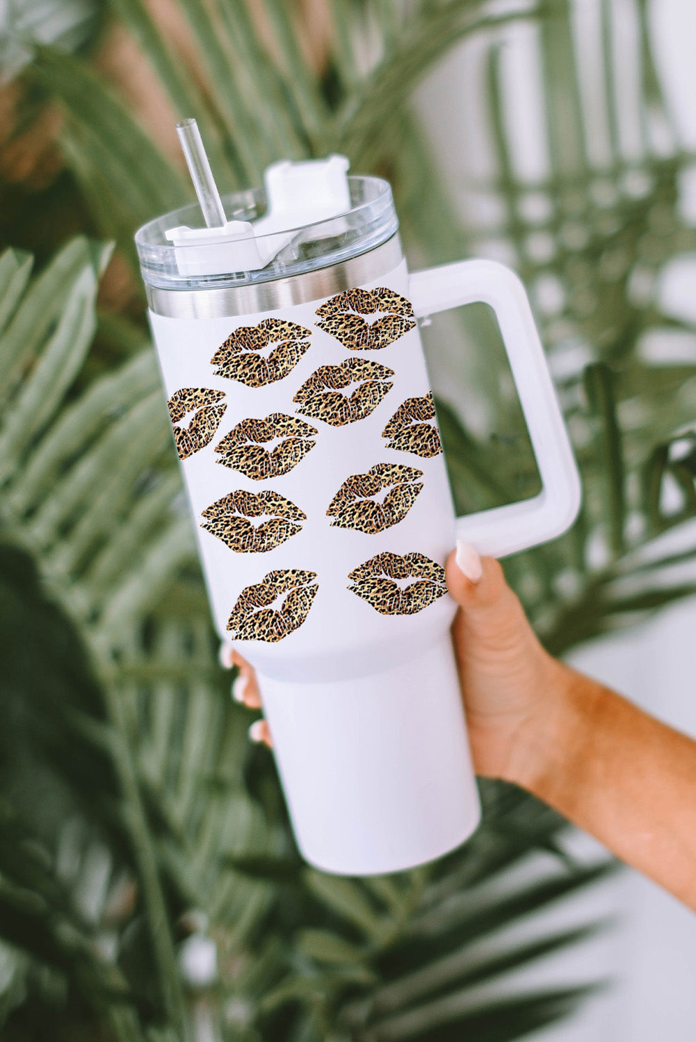 White Valentine Leopard Lips Print Thermos Cuo with Straw